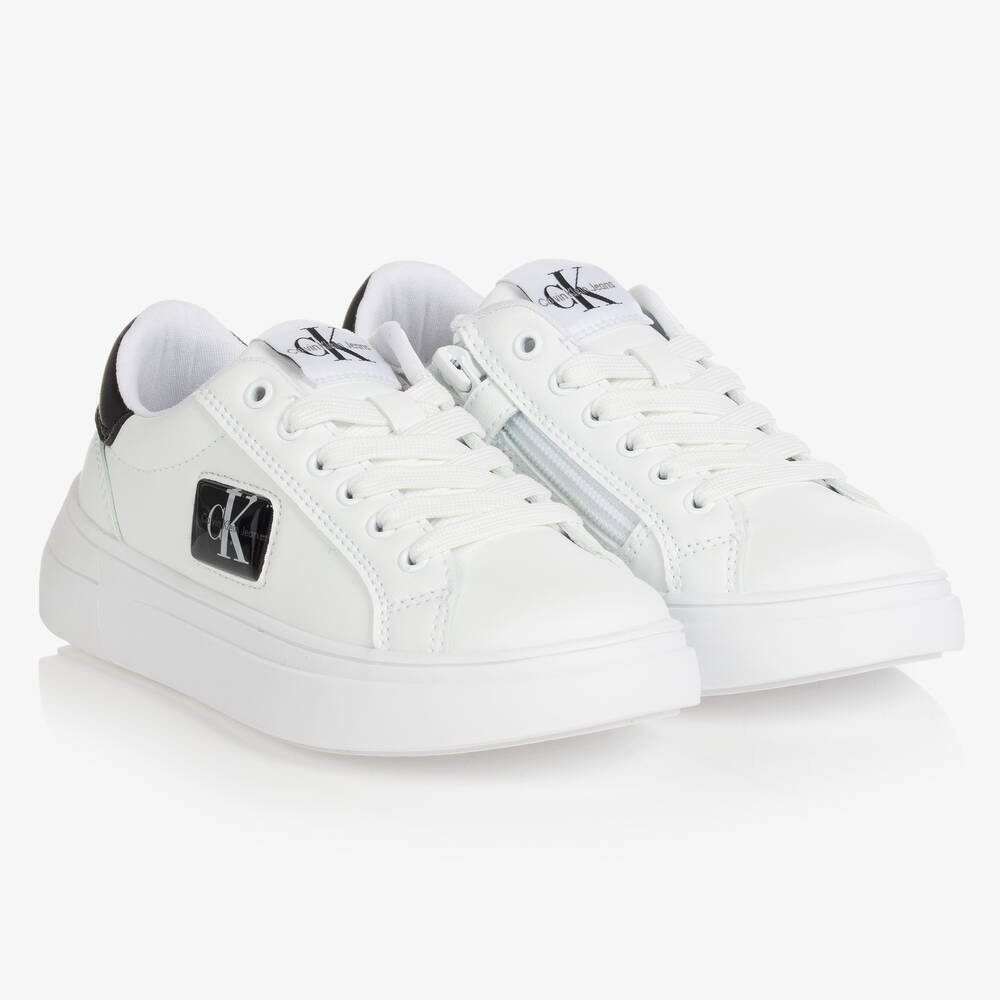 Calvin Klein Jeans - Girls White & Black Faux Leather Trainers | Childrensalon