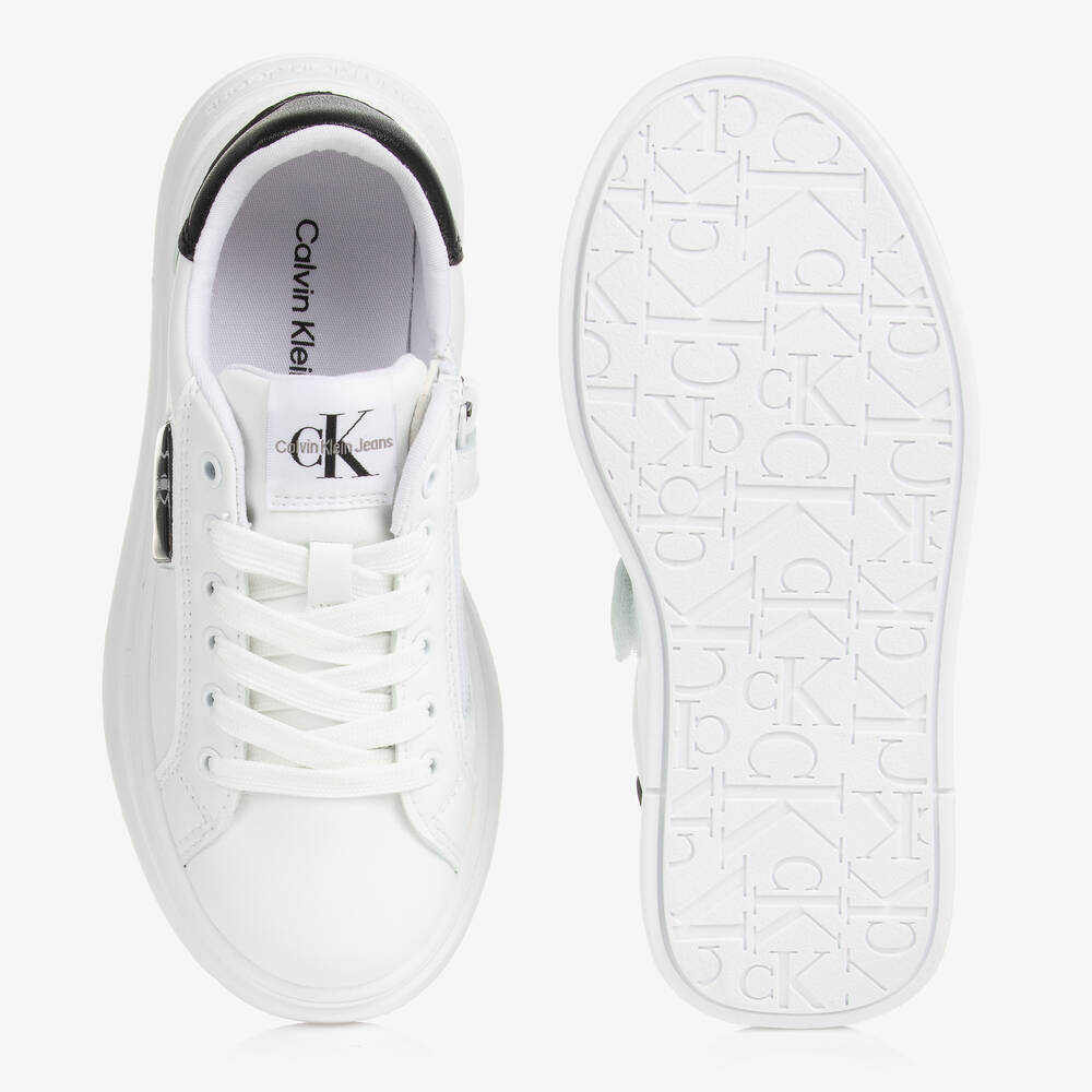 Calvin Klein Jeans Girls White Black Faux Leather Trainers