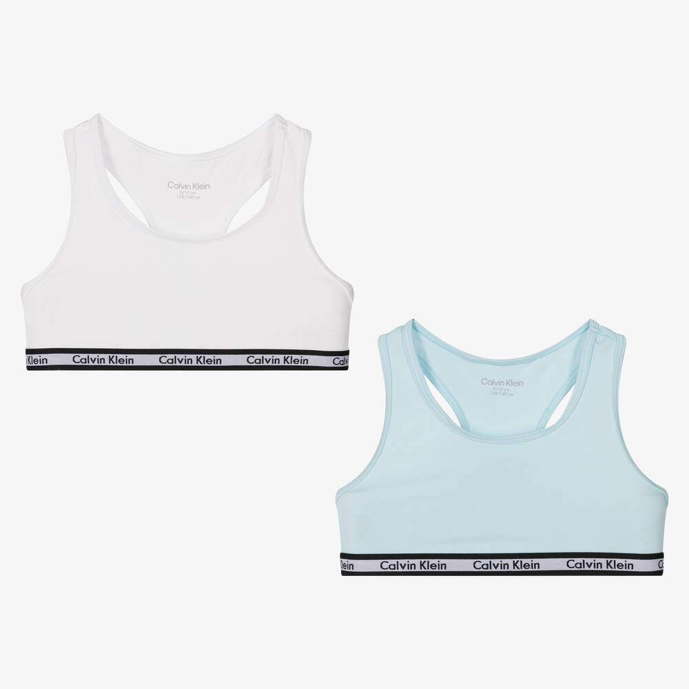 Calvin Klein - Girls White & Blue Cotton Bra Tops (2 Pack