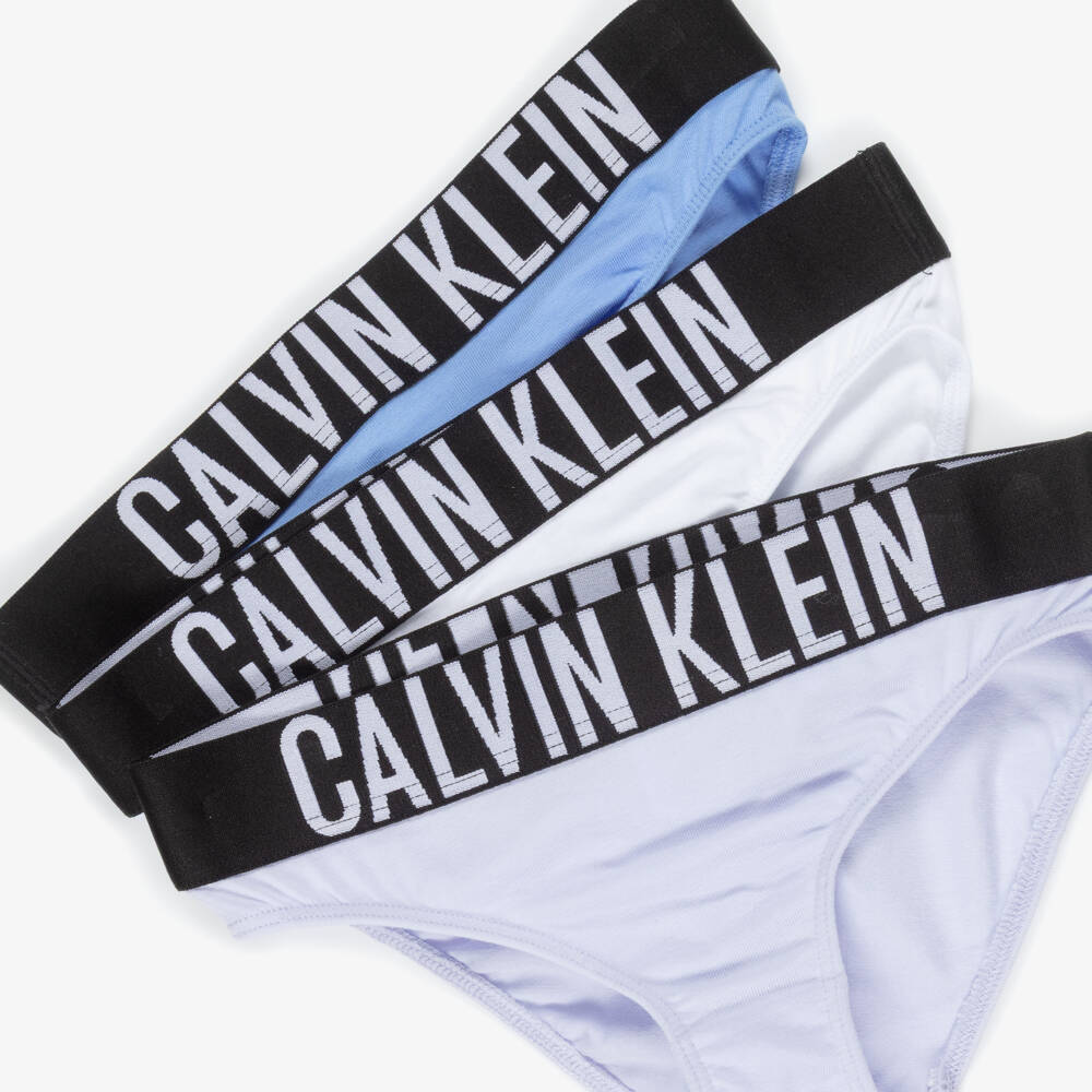 Calvin Klein-Girls White & Blue Cotton Knickers (3 Pack) | Childrensalon Outlet