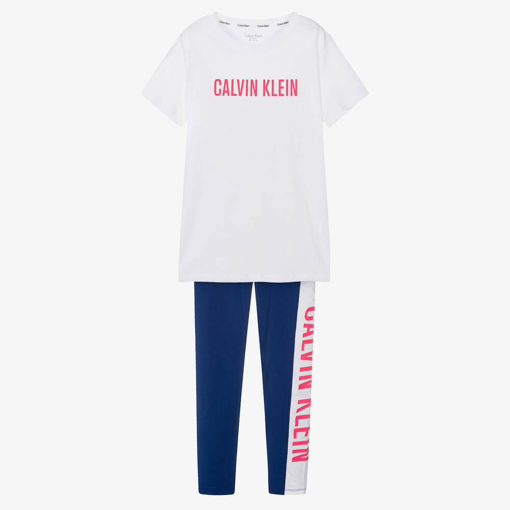 Calvin Klein - Langer Schlafanzug in Weiß und Blau | Childrensalon