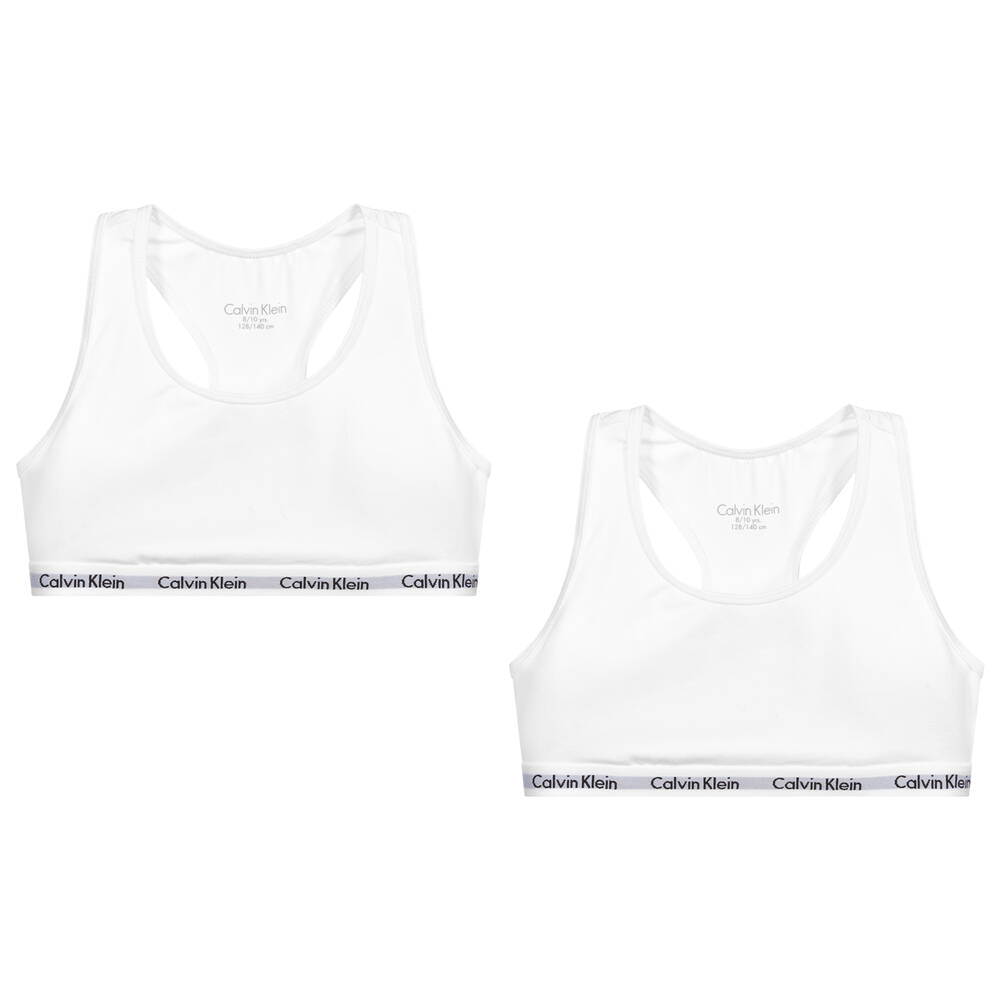 Calvin Klein - Girls White Cotton Bralettes (2 Pack) | Childrensalon