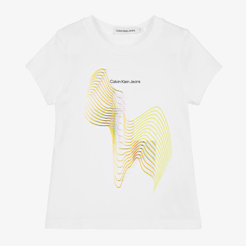 Calvin Klein-Girls White Cotton Graphic Print T-Shirt | Childrensalon Outlet