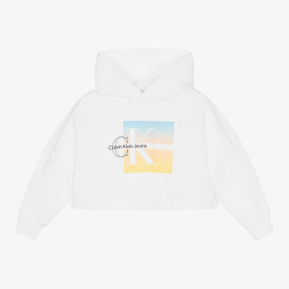 Calvin Klein-توب هودي قطن لون أبيض للبنات | Childrensalon Outlet