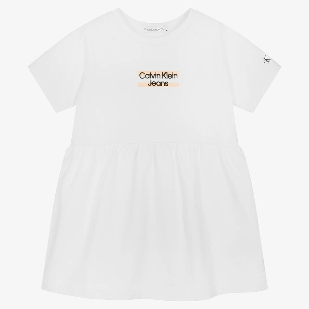 Calvin Klein Jeans - Girls White Cotton Logo Dress | Childrensalon