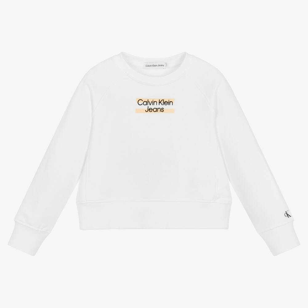 Calvin Klein Jeans - Girls White Cotton Logo Sweatshirt | Childrensalon