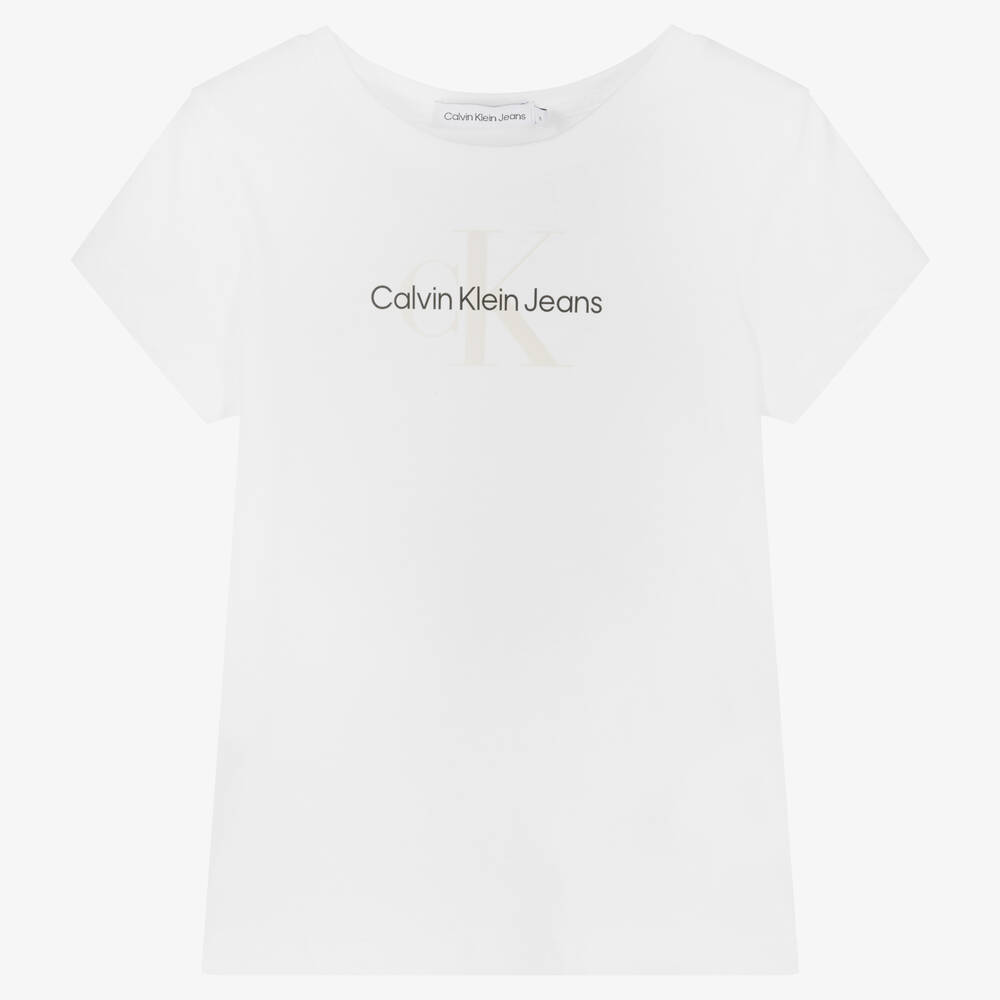 Calvin Klein Jeans - Girls White Cotton Logo T-Shirt | Childrensalon
