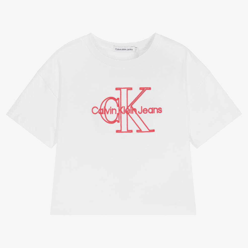 Calvin Klein Jeans - T-shirt blanc en coton fille | Childrensalon