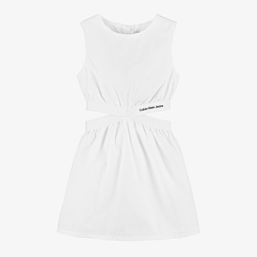 Girls White Cotton Logo Tape Dress