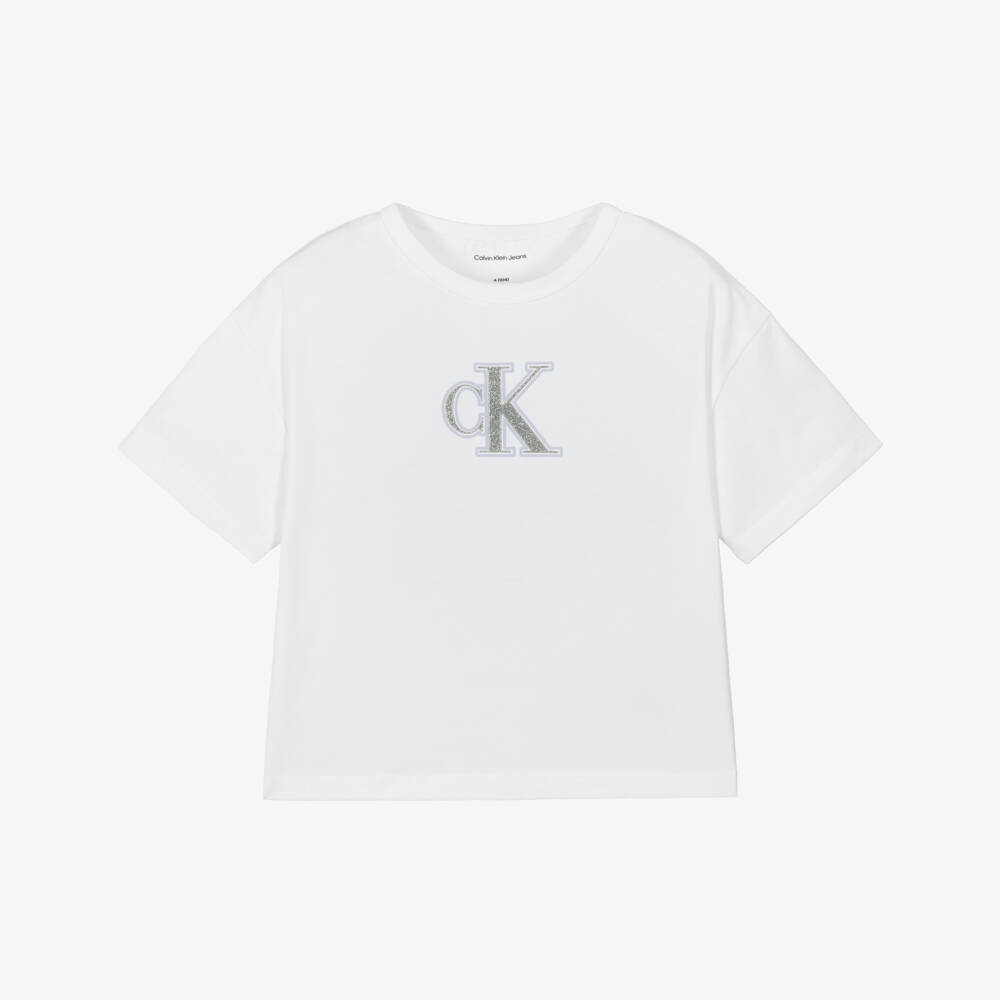Calvin Klein-Girls White Cotton Logo Tee | Childrensalon Outlet