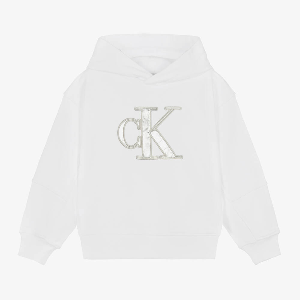 Calvin Klein-Girls White Cotton Monogram Hoodie | Childrensalon Outlet