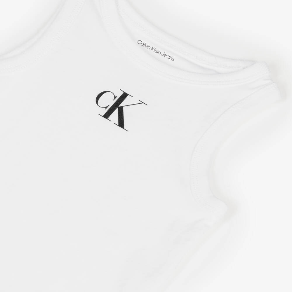 Calvin Klein-Girls White Cotton Monogram Logo Tank Top | Childrensalon Outlet