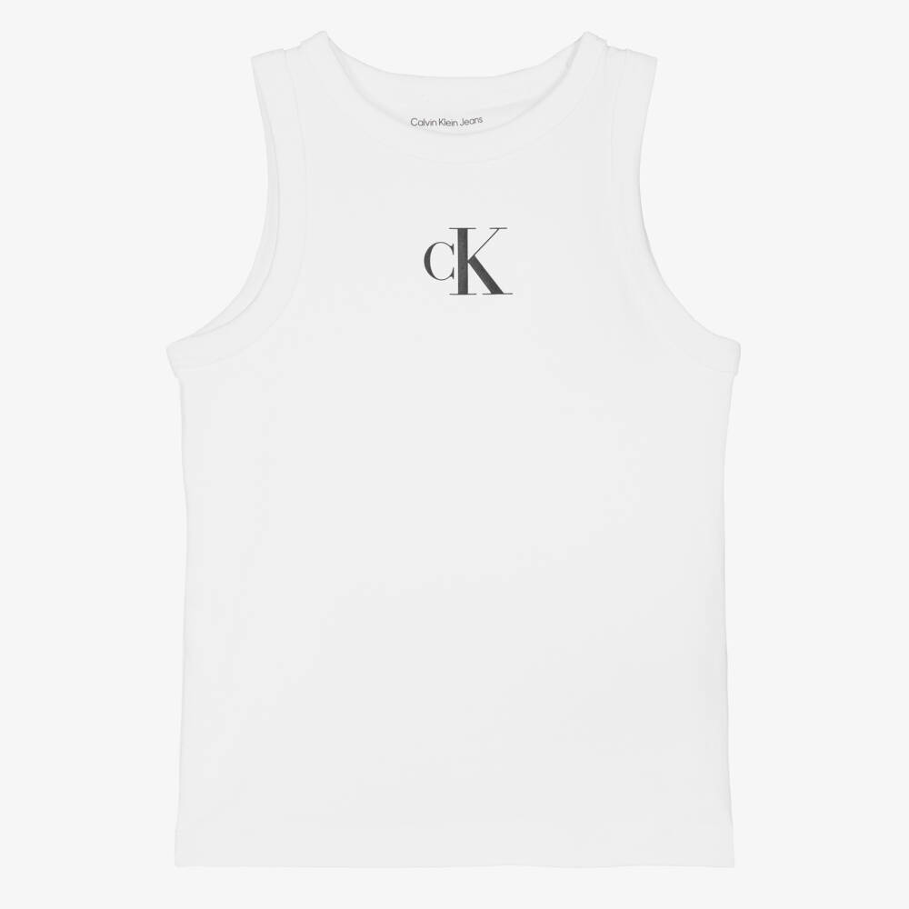 Calvin Klein-Girls White Cotton Monogram Logo Tank Top | Childrensalon Outlet