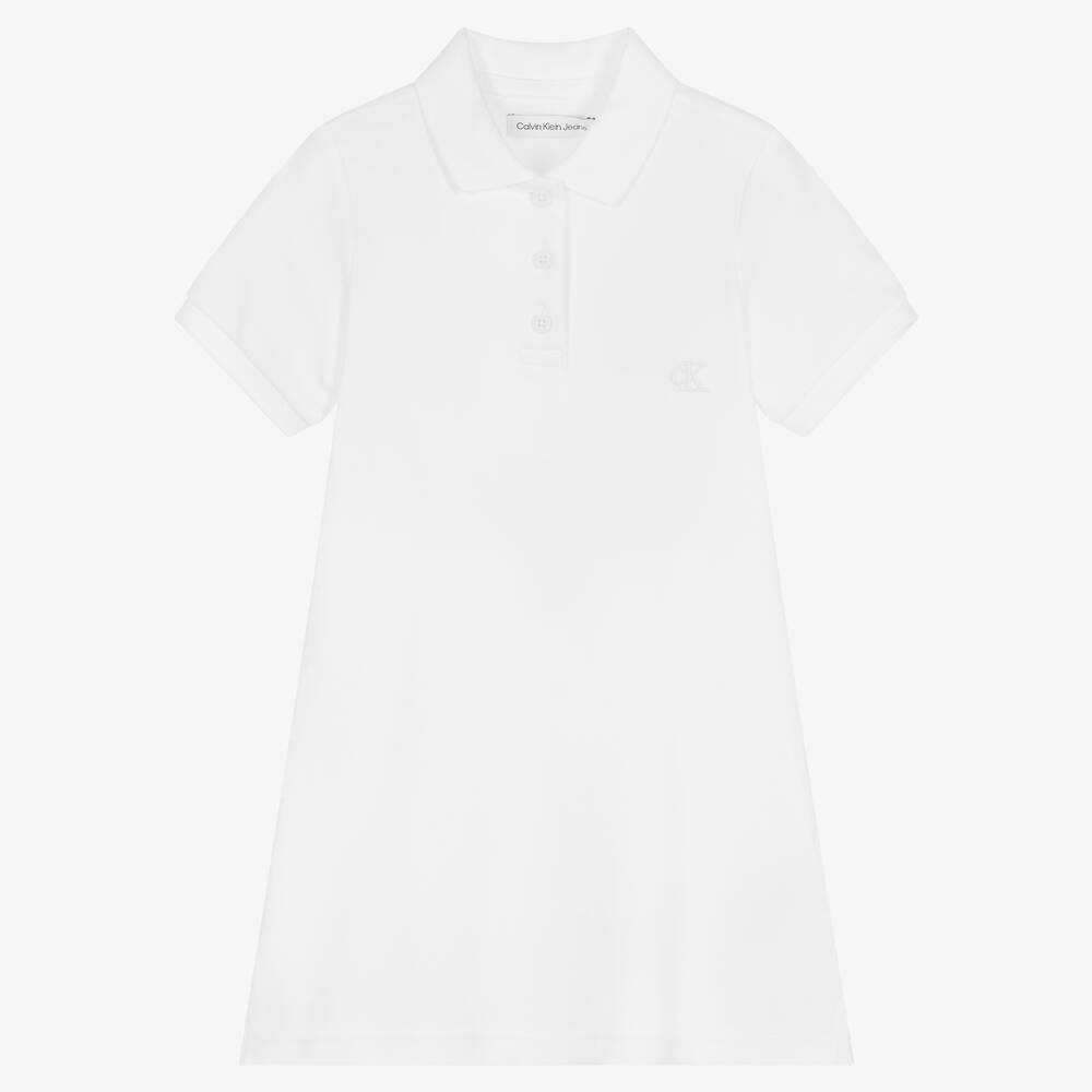 Calvin Klein Jeans - Girls White Cotton Polo Monogram Dress | Childrensalon