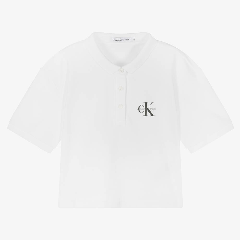 Calvin Klein Jeans - Girls White Cotton Polo Shirt | Childrensalon
