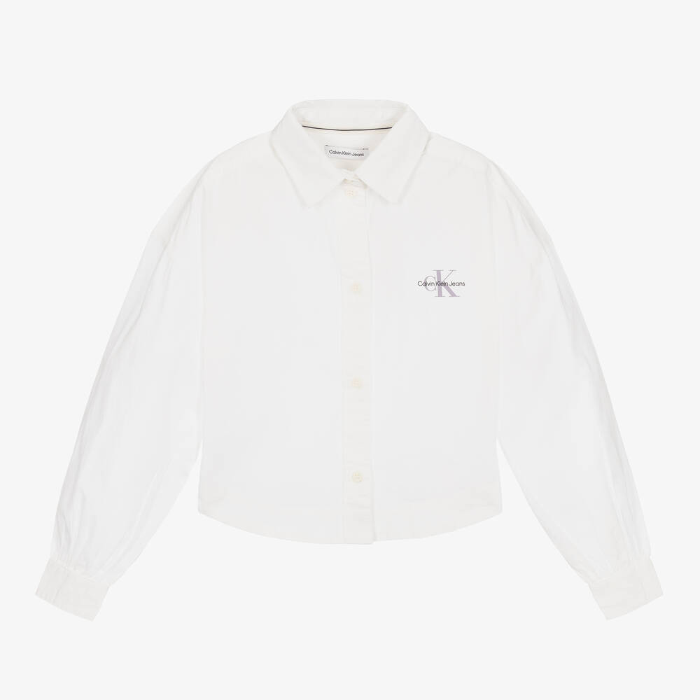 Calvin Klein - قميص قطن لون أبيض للبنات | Childrensalon