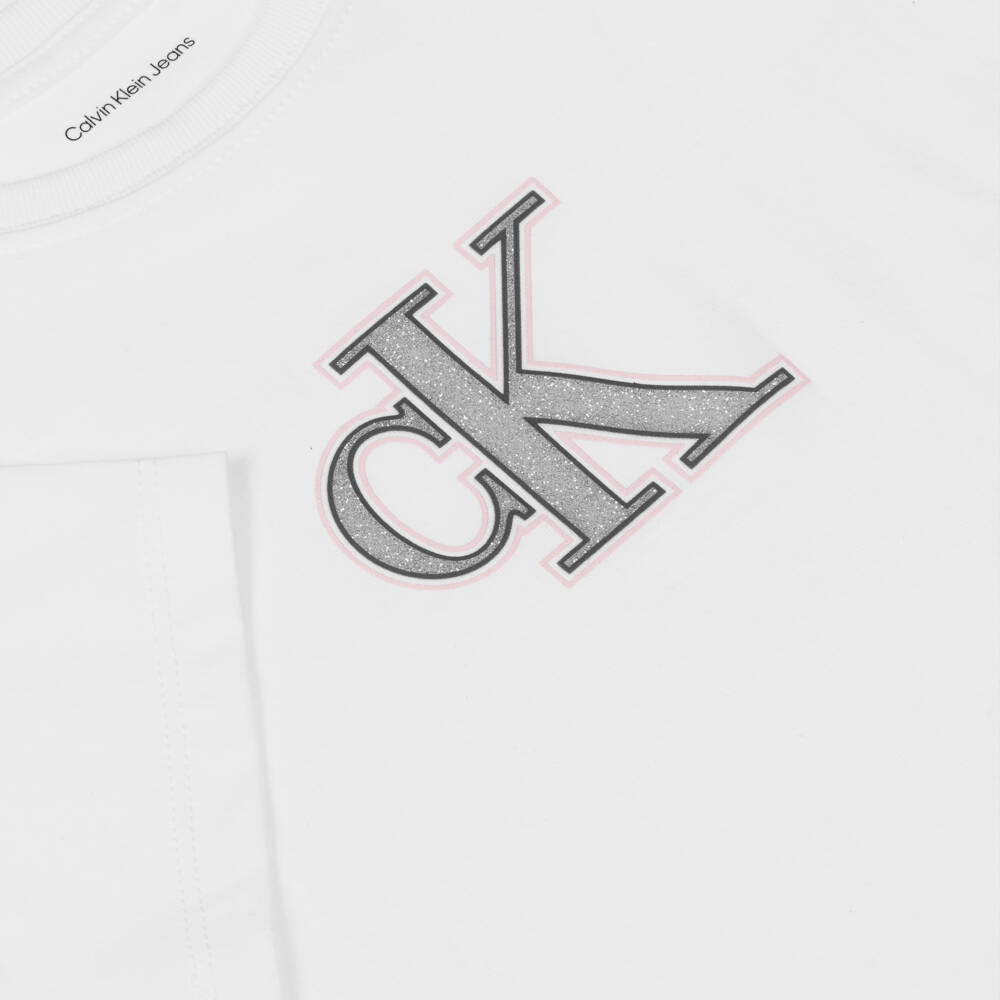 Calvin Klein-Girls White Cotton T-Shirt with Glittery CK Monogram | Childrensalon Outlet
