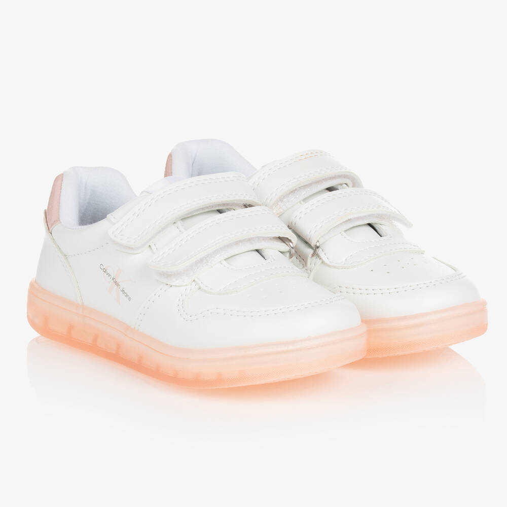 Calvin Klein Jeans - Girls White Faux Leather Logo Trainers | Childrensalon