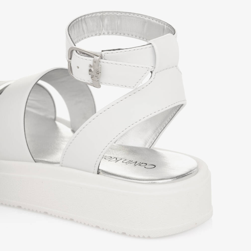 Calvin Klein-Girls White Faux Leather Sandals with Silver Trims | Childrensalon Outlet