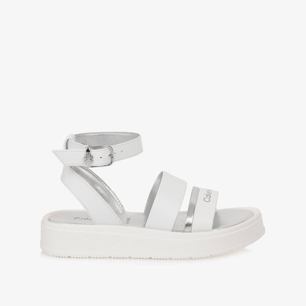 Calvin Klein-Girls White Faux Leather Sandals with Silver Trims | Childrensalon Outlet