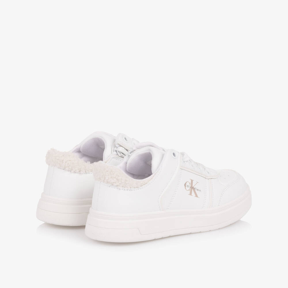 Calvin Klein-Girls White Faux Leather Trainers with Fleece Trim | Childrensalon Outlet