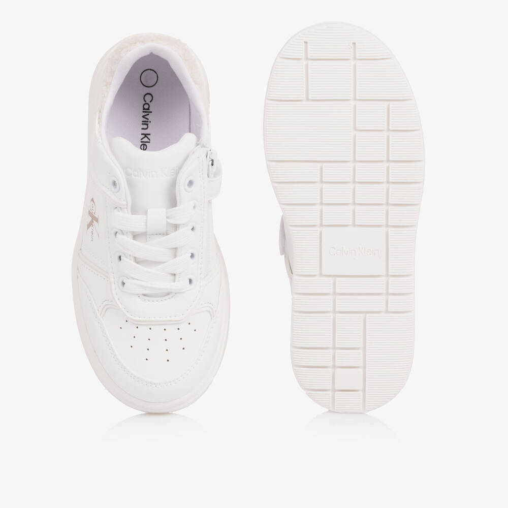 Calvin Klein-Girls White Faux Leather Trainers with Fleece Trim | Childrensalon Outlet