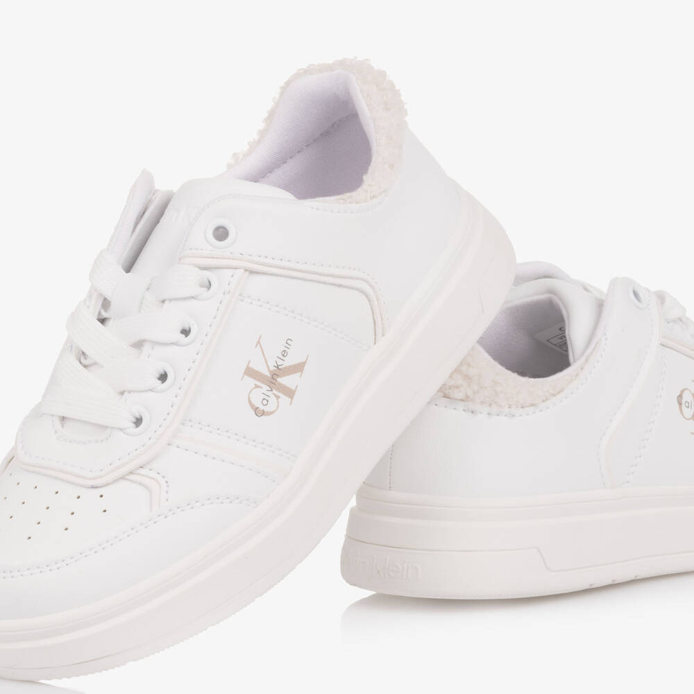 Calvin Klein-Girls White Faux Leather Trainers with Fleece Trim | Childrensalon Outlet
