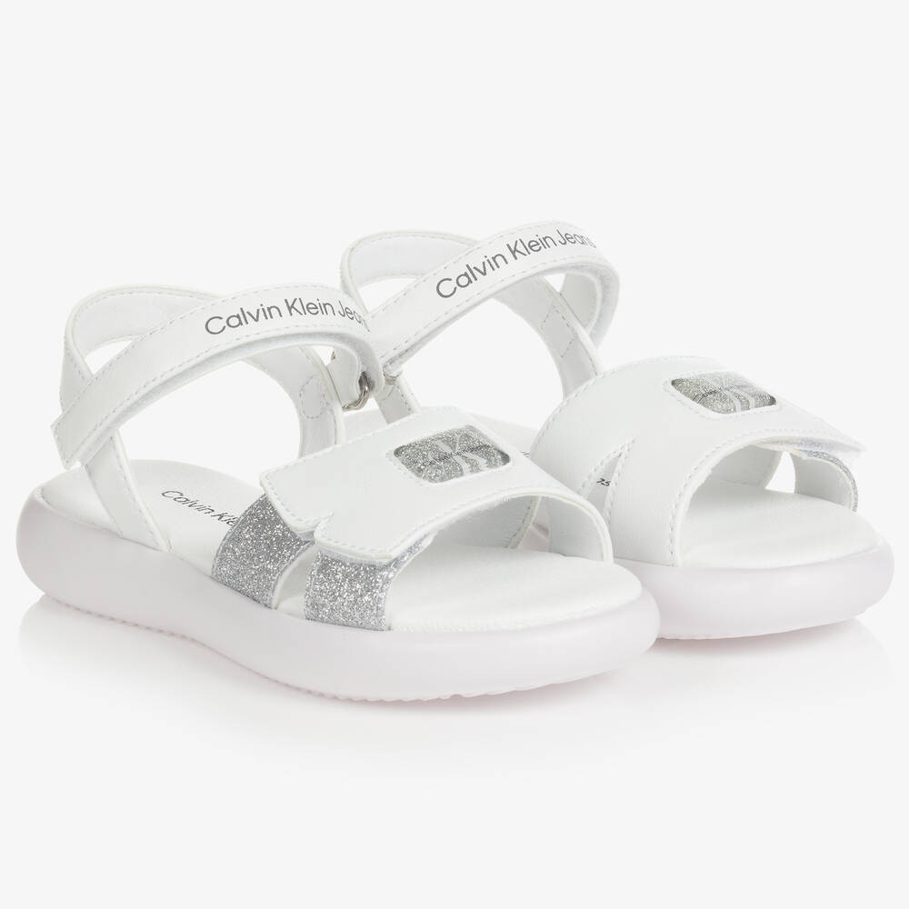 Calvin Klein Jeans - Girls White & Glitter Velcro Sandals | Childrensalon