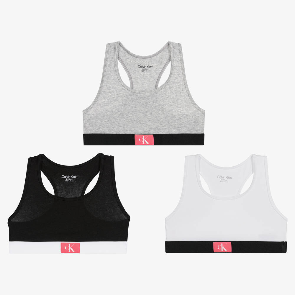 Calvin Klein - Girls White, Grey & Black Crop Tops (3 Pack) | Childrensalon