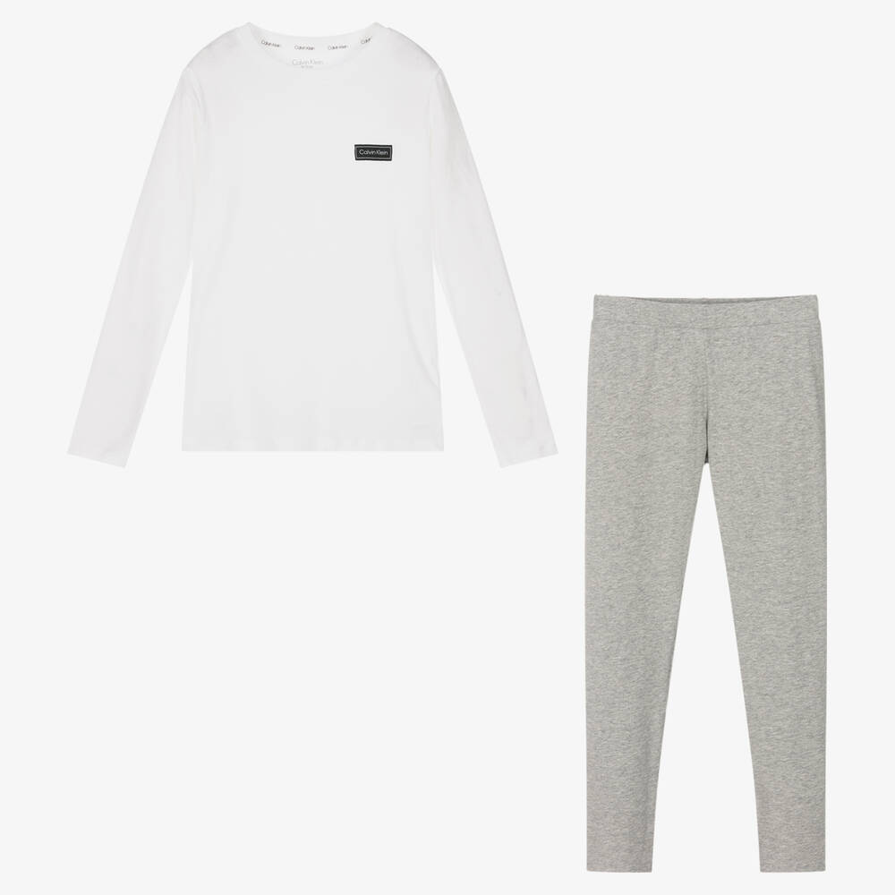 كالفين كلاين-بيجاما قطن جيرسي لون أبيض ورمادي للبنات | Childrensalon Outlet