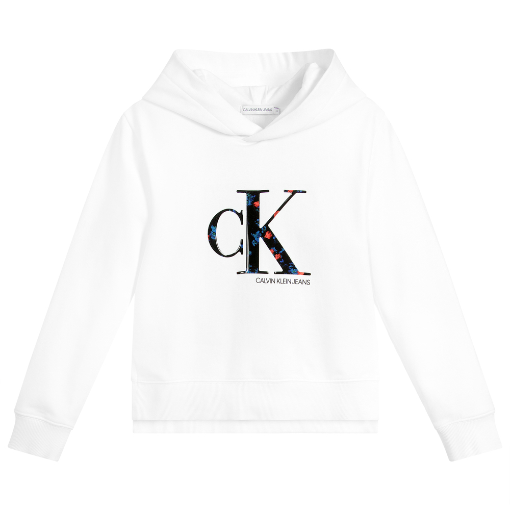 Calvin Klein Jeans - توب هودي قطن جيرسي لون أبيض وأسود للبنات | Childrensalon