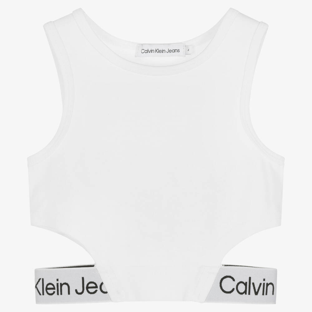 Calvin Klein Jeans - Girls White Logo Jersey Crop Top | Childrensalon