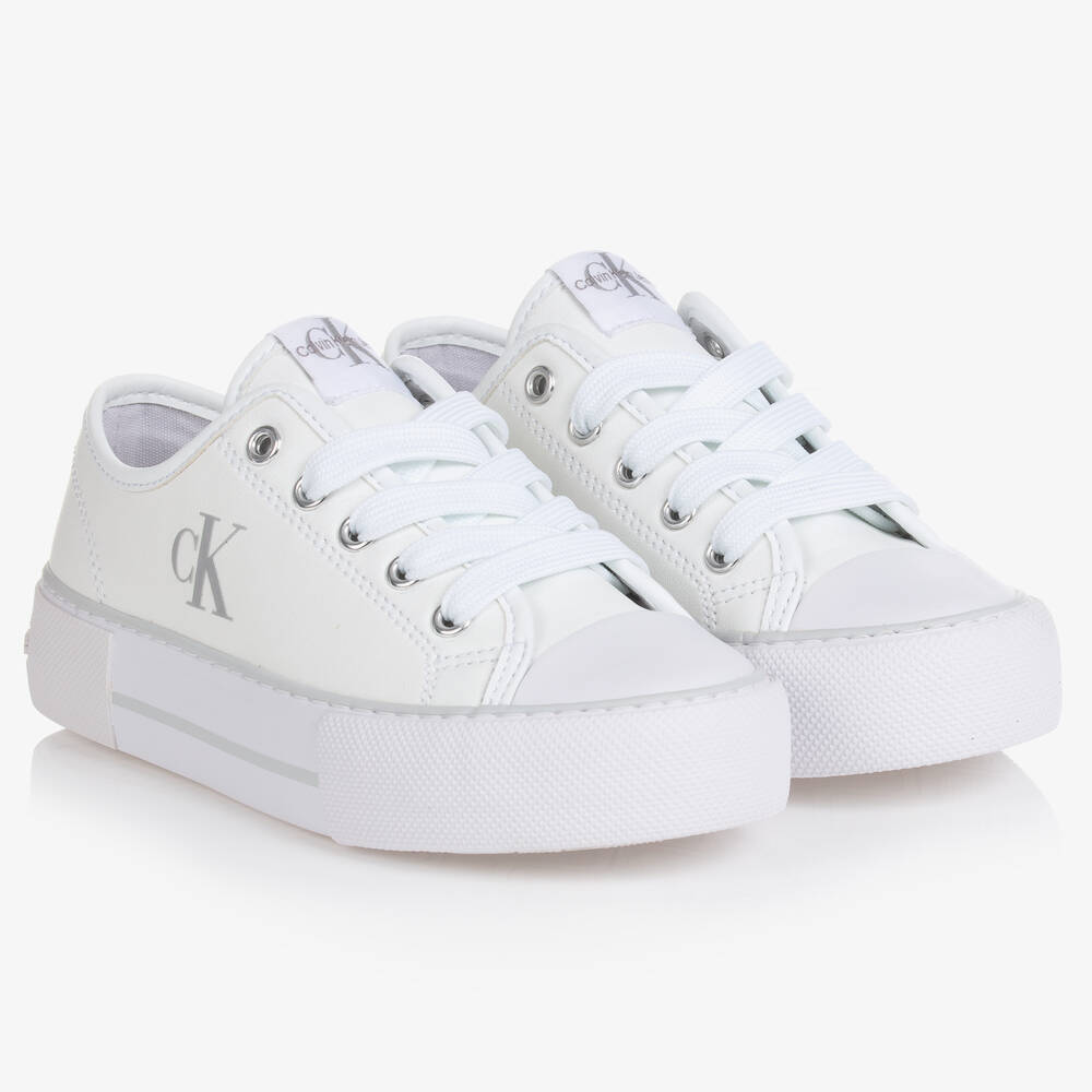 Calvin Klein Jeans - Girls White Logo Lace-Up Trainers | Childrensalon