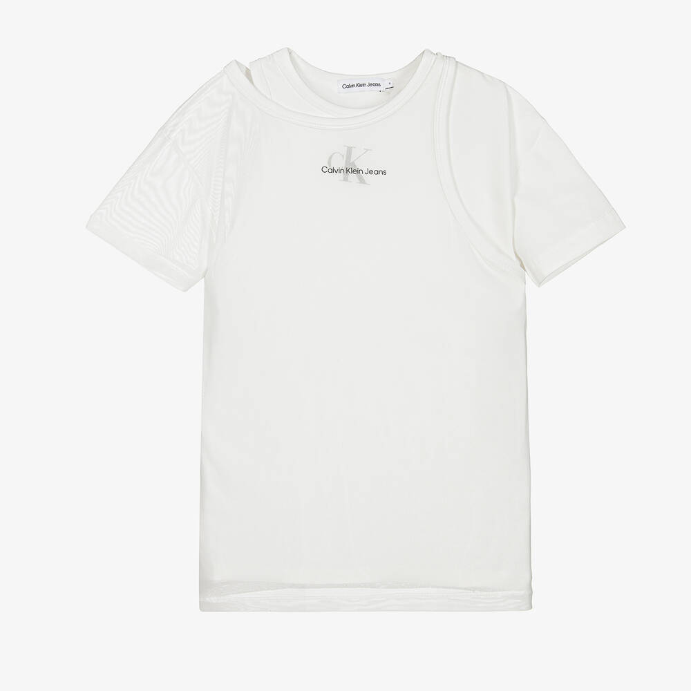 Calvin Klein Jeans - Robe blanche en mesh de jersey | Childrensalon
