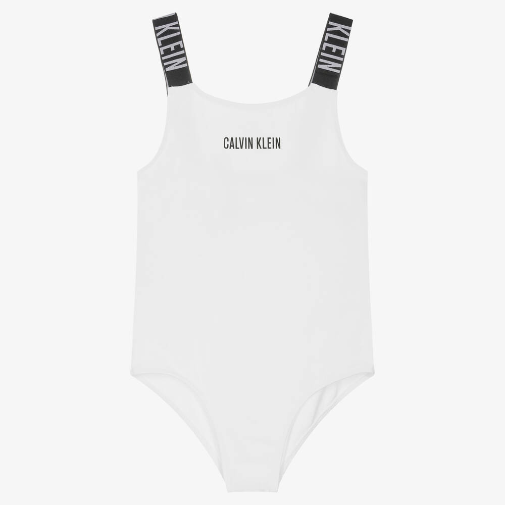 Calvin Klein - Girls White Logo Swimsuit | Childrensalon