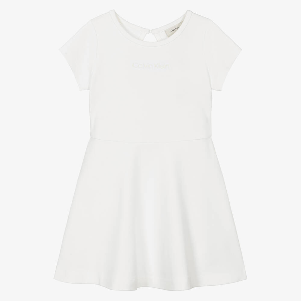 Calvin Klein-Girls White Milano Jersey Dress with Tonal Logo | Childrensalon Outlet