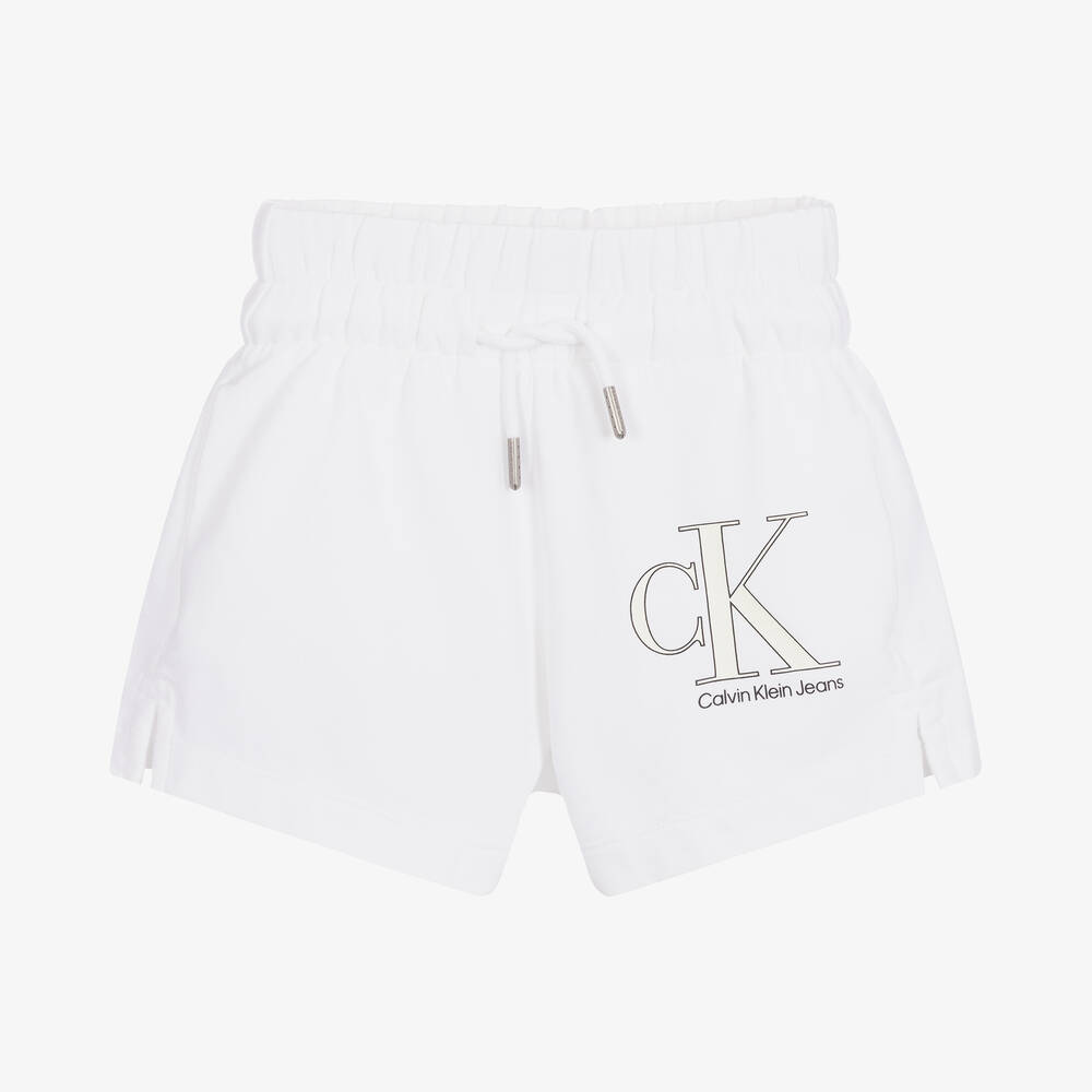 Calvin Klein Jeans - شورت قطن جيرسي لون أبيض للبنات | Childrensalon
