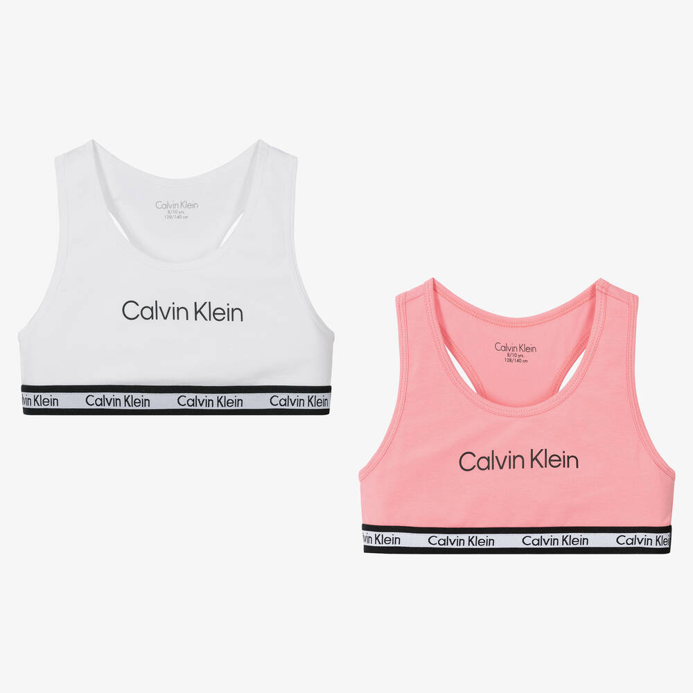 Calvin Klein - Girls White & Pink Cotton Bralettes (2 Pack) | Childrensalon