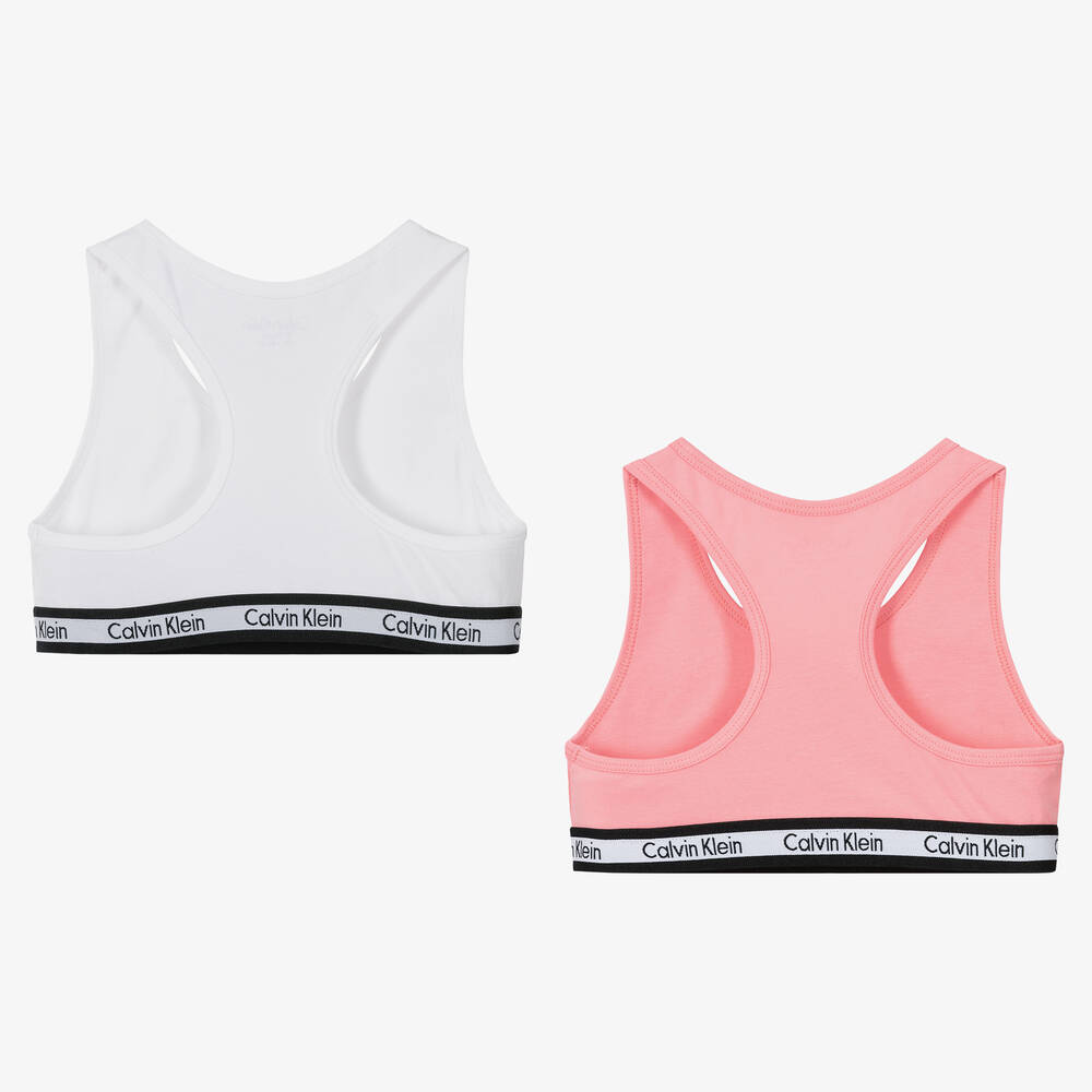 Calvin Klein Girls White Pink Cotton Bralettes 2 Pack