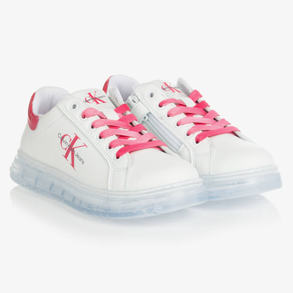 Calvin Klein Jeans - Girls White & Pink Faux Leather Trainers | Childrensalon