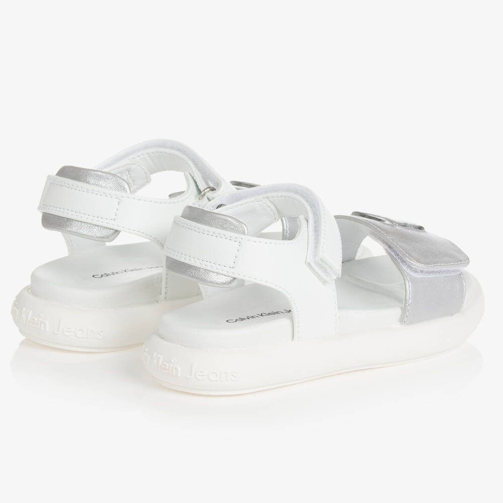Calvin Klein Jeans-Girls White & Silver Logo Sandals | Childrensalon Outlet