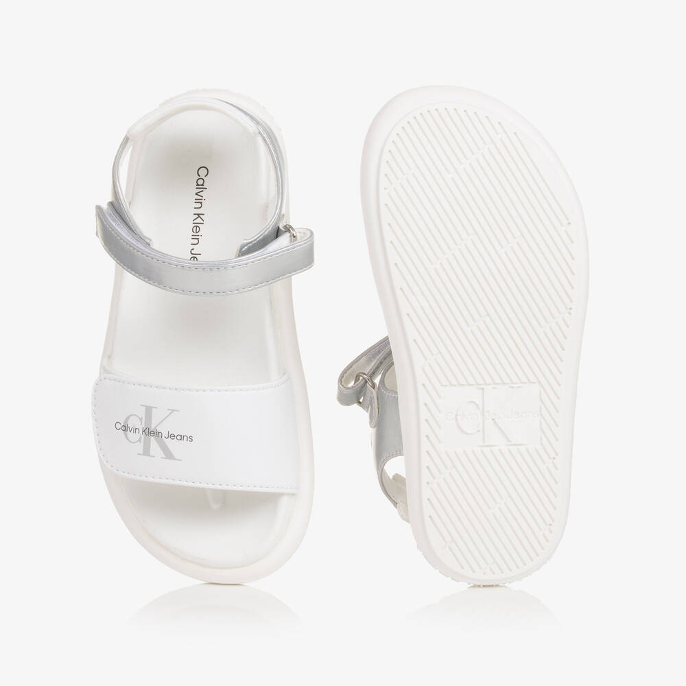 Calvin Klein-Girls White & Silver Velcro Sandals | Childrensalon Outlet