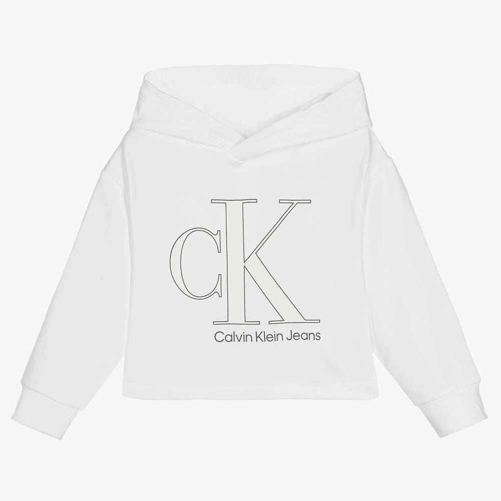 Calvin Klein Jeans - توب هودي قطن جيرسي لون أبيض للبنات | Childrensalon