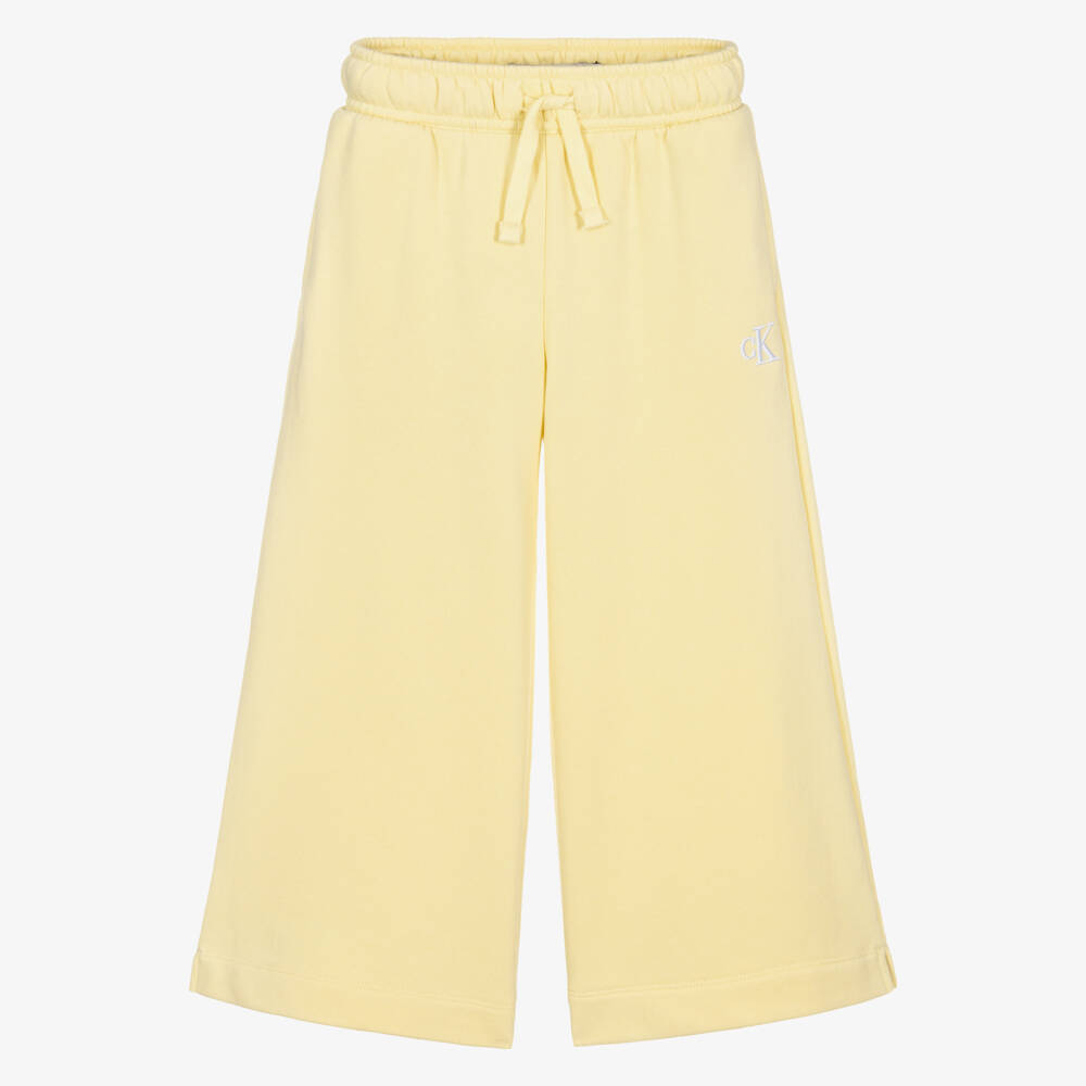 Calvin Klein-Girls Yellow Cotton Wide-Leg Joggers with Embroidered Logo | Childrensalon Outlet