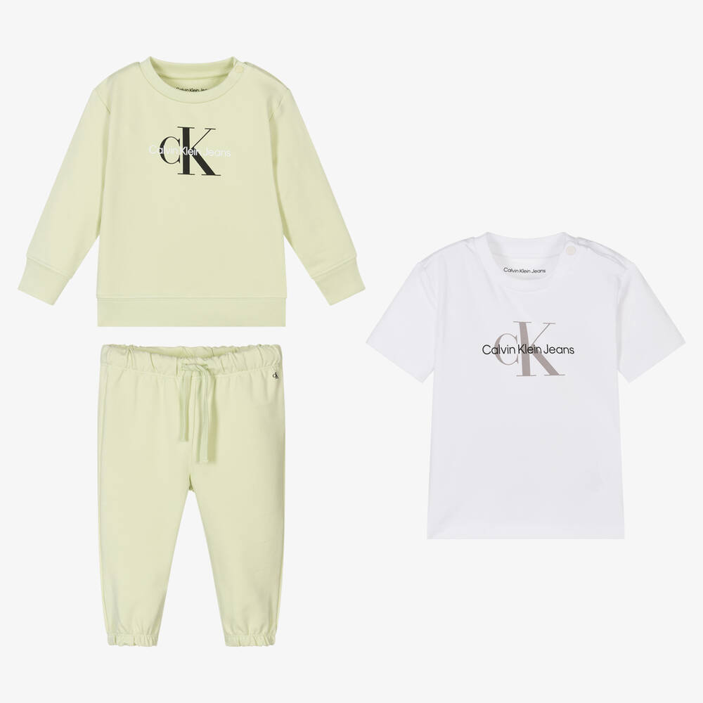 Calvin Klein Jeans - طقم تراكسوت قطن جيرسي لون أخضر فاتح للأطفال | Childrensalon