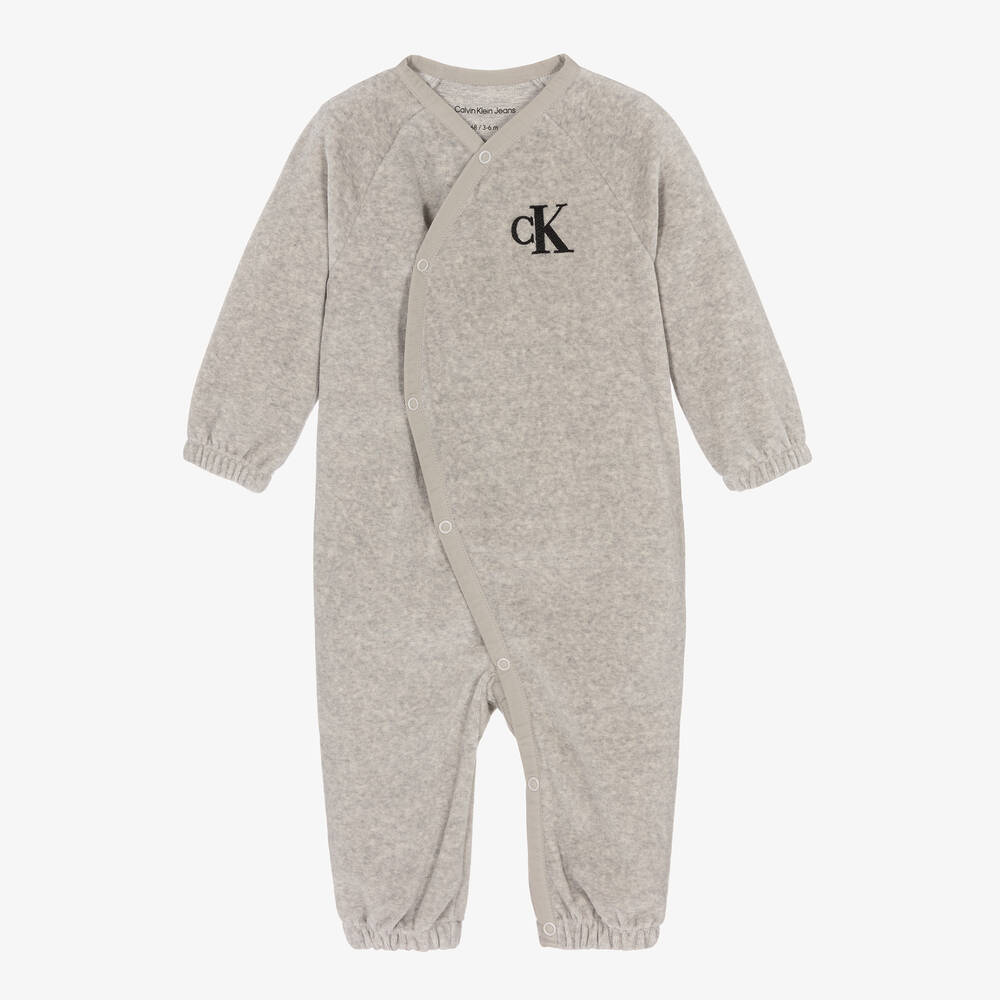 Calvin Klein - Grey Cotton Velour Monogram Babygrow | Childrensalon