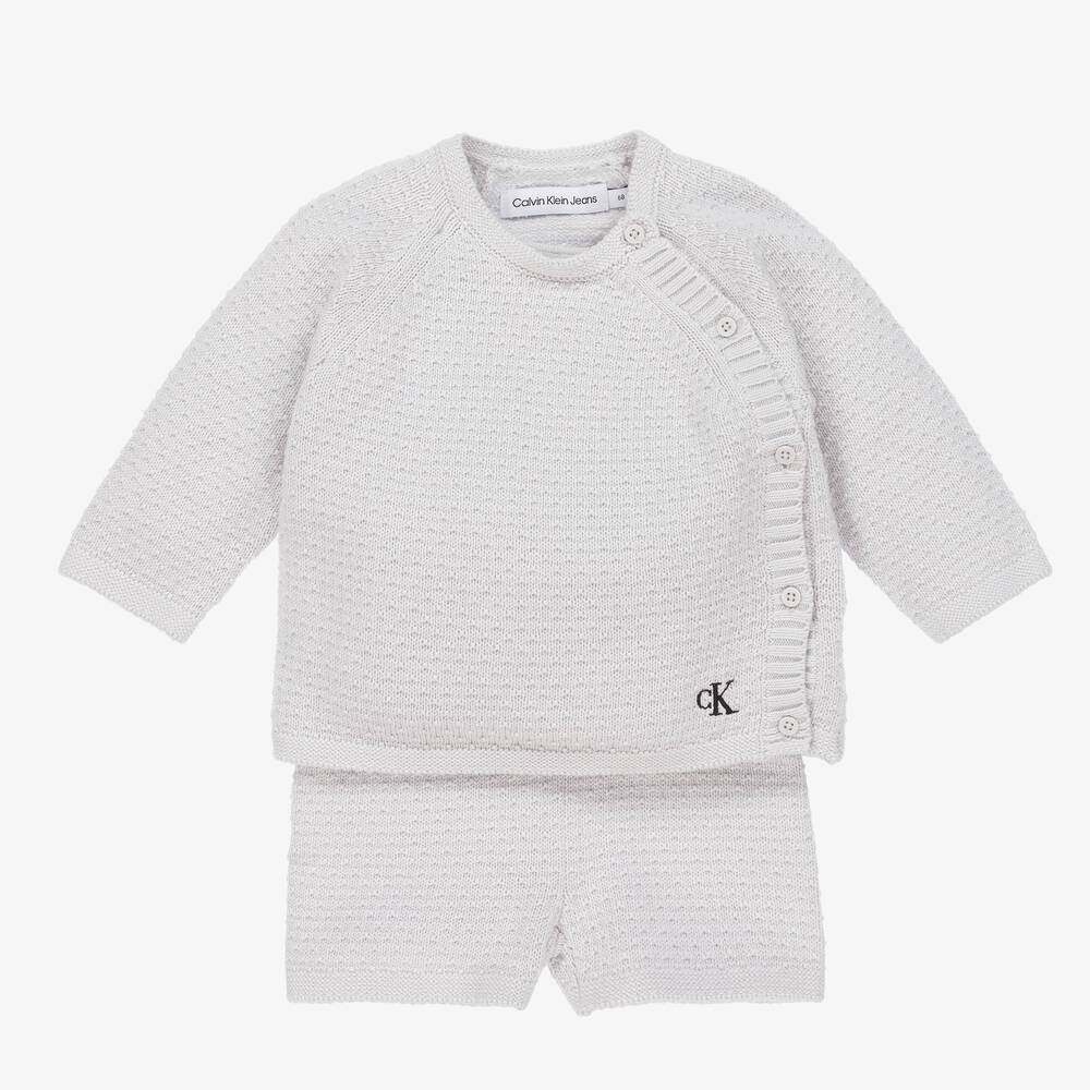 Calvin Klein Jeans - Grey Knitted Baby Sweater & Shorts Set | Childrensalon
