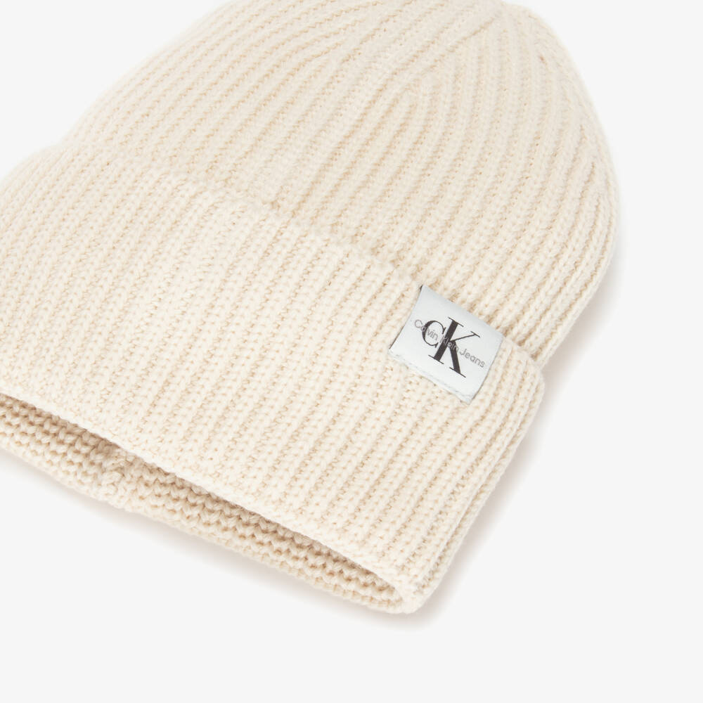 Calvin Klein-Ivory Ribbed Knit Beanie | Childrensalon Outlet