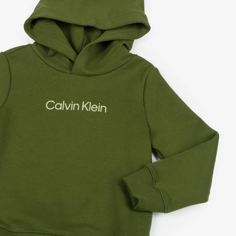 Calvin Klein-Khaki Green Cotton Hoodie with Contrast Logo | Childrensalon Outlet