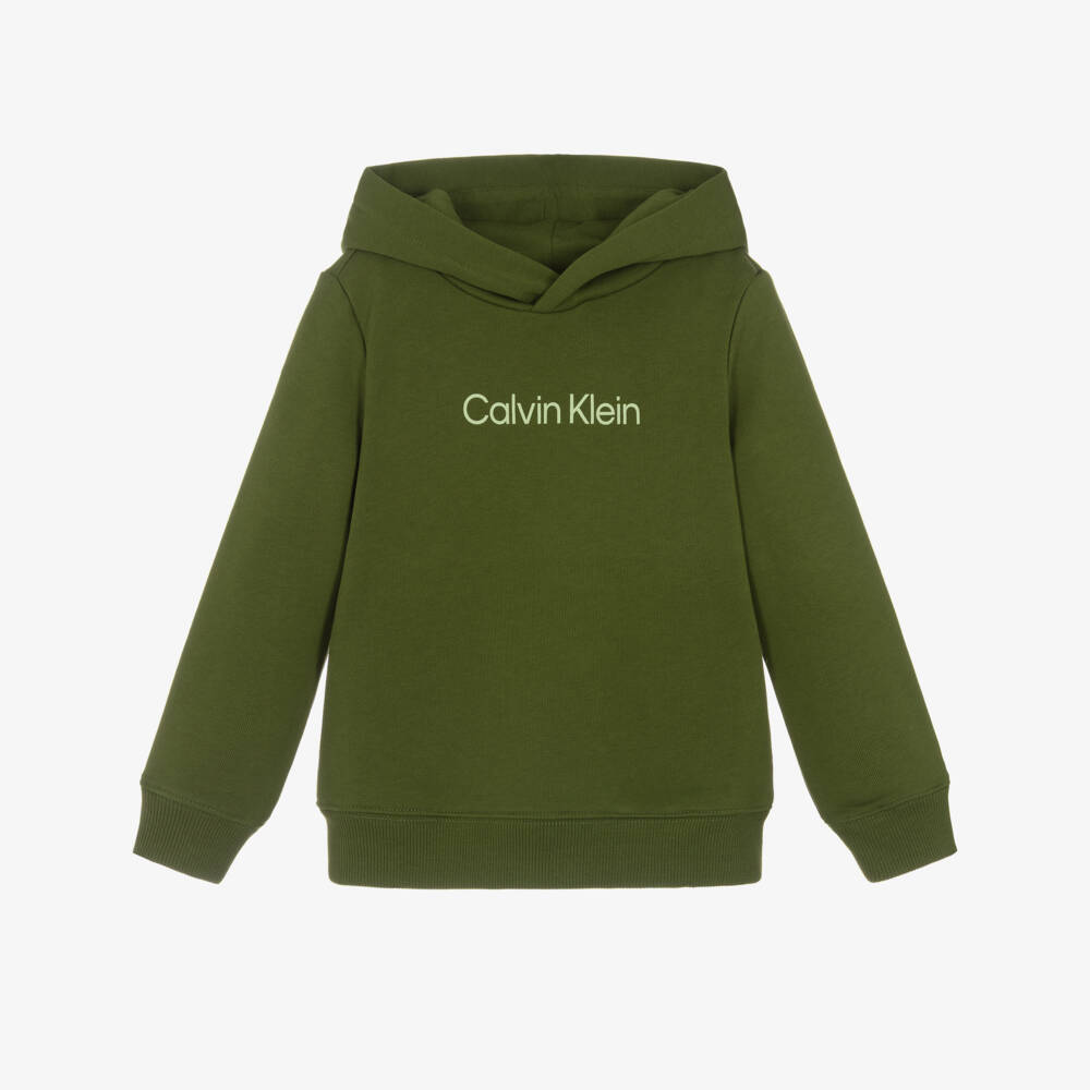 Calvin Klein-Khaki Green Cotton Hoodie with Contrast Logo | Childrensalon Outlet